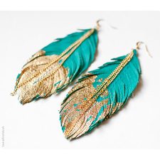 Feather Earrings - Leather Feather Jewelry - Dipped in Gold - Turquoise Leather